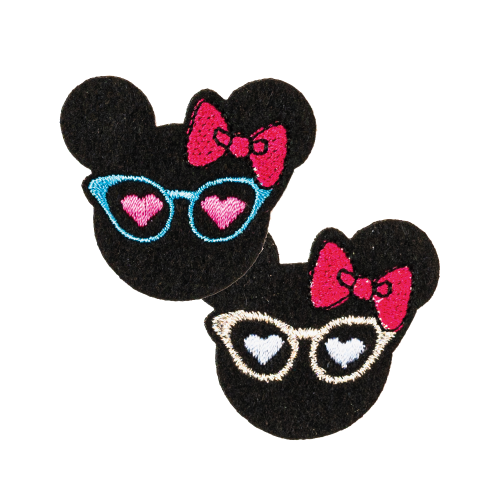 myszka mini w okularach i z kokardką dla dzieci naprasowanka na ubrania haftowana