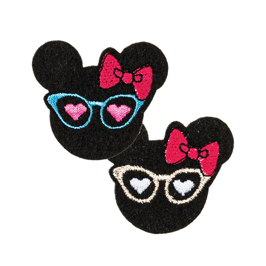 myszka mini w okularach i z kokardką dla dzieci naprasowanka na ubrania haftowana